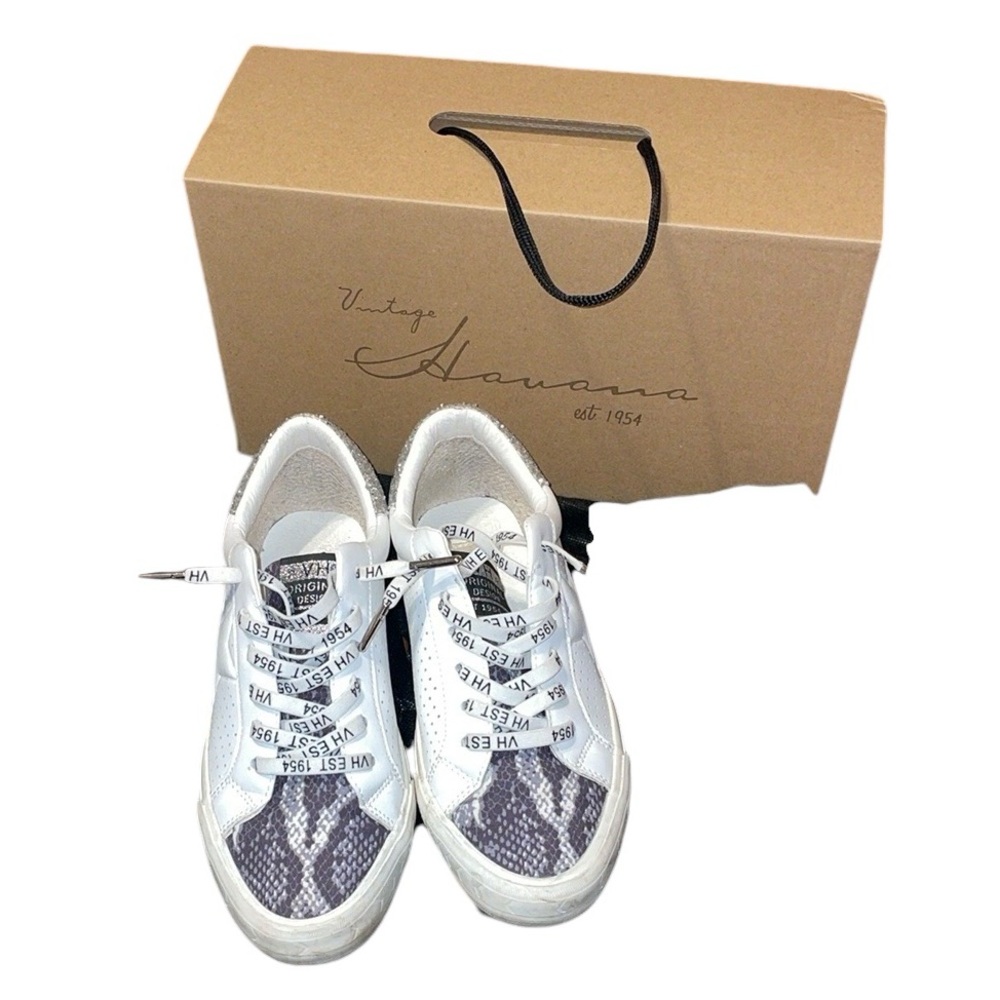 •VINTAGE HAVANA•WHITE STAR "GRANDE" WILD SNAKE SILVER GLITTER SNEAKERS SIZE 6